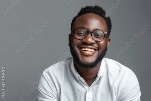 Smiling African American man wearing glasses laughing and posing for a picture isolated on a grey background © LimeSky