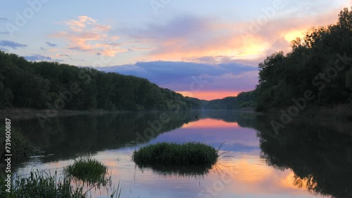 Wallpaper Mural River Flowing in the Evening at Blue Hour with Pink and Orange Sky and Relfection on the Water Torontodigital.ca