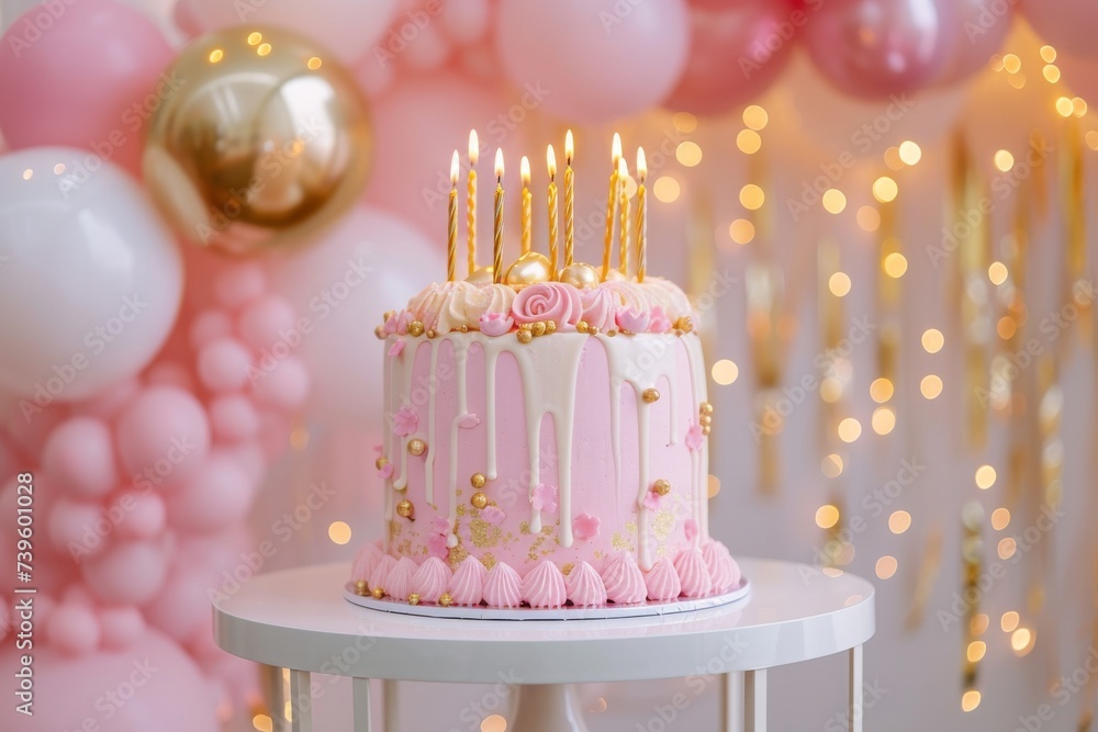 Pink cake with gold candles and balloons for birthday Pink cake with gold candles and balloons for birthday