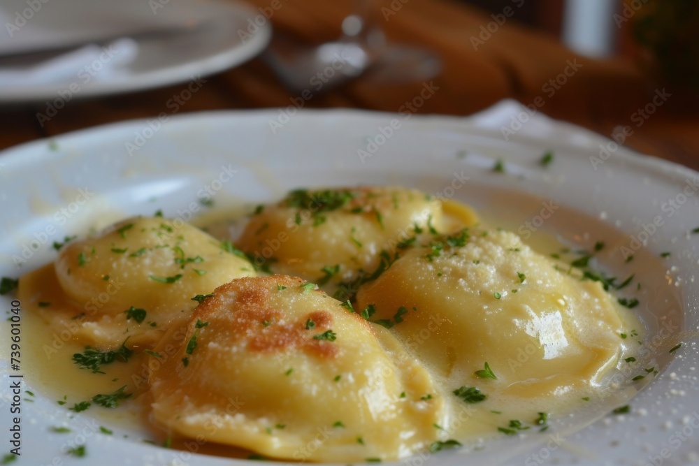 Stuffed pasta similar to ravioli called mezzelune or Schlutzkrapfen in Tyrol and crafuncins in German filled with potato goat cheese and mint Stuffed pasta similar to ravioli called mezzelune or Schlutzkrapfen in Tyrol and crafuncins in German filled with potato goat cheese and mint
