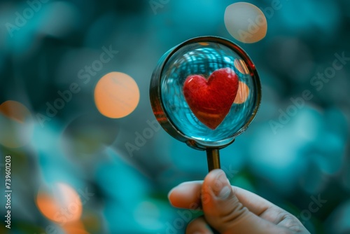 Searching for red heart through magnifying glass symbolizing true love photo