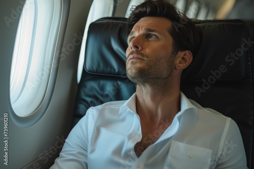 Portrait of attractive man in white shirt gazing at comfortable chair on contemporary plane © LimeSky