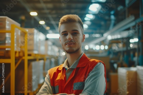 Smiling Caucasian industrial engineer alone in manufacturing plant © LimeSky