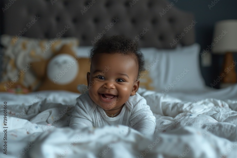 Smiling African American baby lying on tummy resting on bed at home closeup portrait on white linens in bedroom Smiling African American baby lying on tummy resting on bed at home closeup portrait on white linens in bedroom