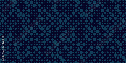 Dark blue vector seamless pattern with small randomly scattered curved shapes, circles, squares, dots. Elegant modern minimalist background with halftone effect. Simple geo texture. Repeated design