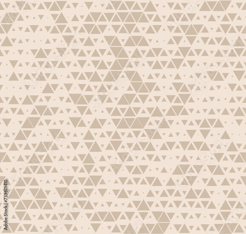 Subtle vector seamless pattern with small randomly scattered triangles. Stylish modern background with halftone effect, diamonds, grid. Beige minimal texture. Trendy repeat geo design for decor, print