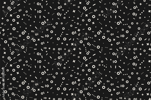 Vector minimalist seamless pattern in hipster memphis style. Simple funky black and white texture. Stylish minimalist background with small abstract geometric shapes. Repeated design for decor, print