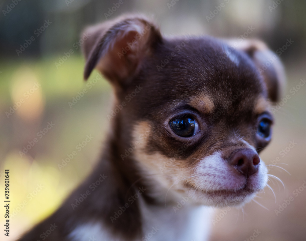 The soft focus captures a contemplative Chihuahua puppy in an autumn forest, highlighting its thoughtful gaze.