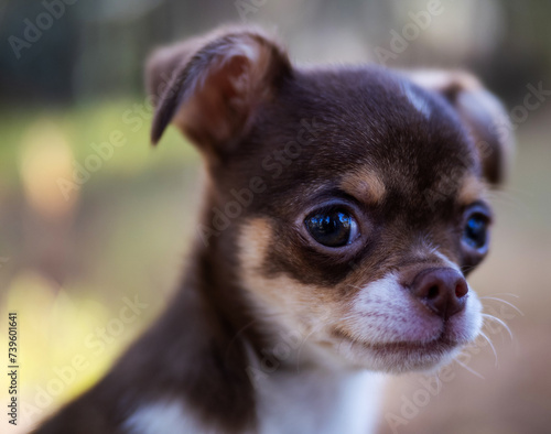 The soft focus captures a contemplative Chihuahua puppy in an autumn forest, highlighting its thoughtful gaze. © Victoria