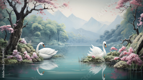 Fototapeta Naklejka Na Ścianę i Meble -  Illustration of two white swans on a still water