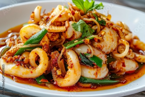 Spicy Thai cuisine Red curry squid on a white plate