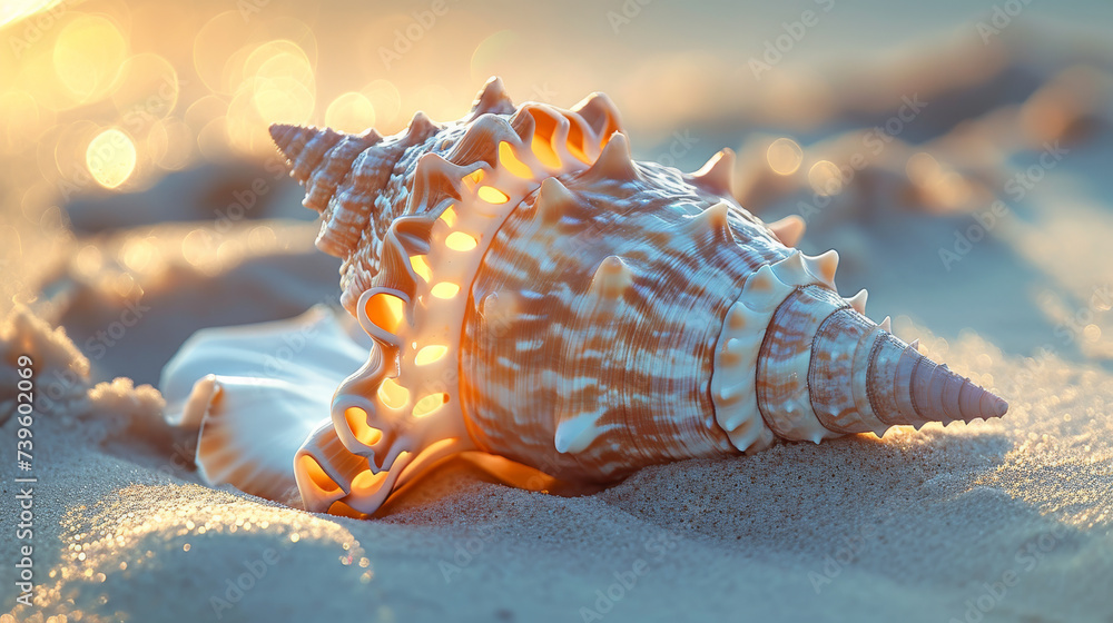 A beautiful, large seashell lies on the sandy beach - obrazy, fototapety, plakaty 