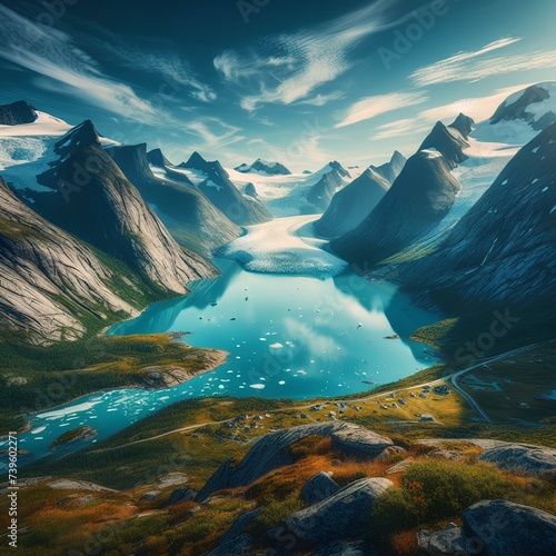  panorama of Svartisen Glacier, where pristine waters of fjord flawlessly reflect Saltfjell mountain photo