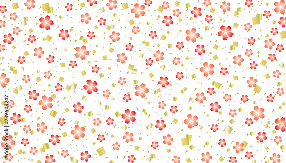 桜の花と金箔紙吹雪の和風背景/赤・金 桜の花と金箔紙吹雪の和風背景/赤・金