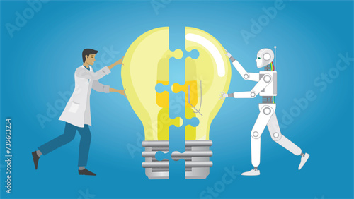 Health care man or scientist man putting his idea together with AI robot. Support from artifical intelligence. Dimension 16:9. Vector illustration.