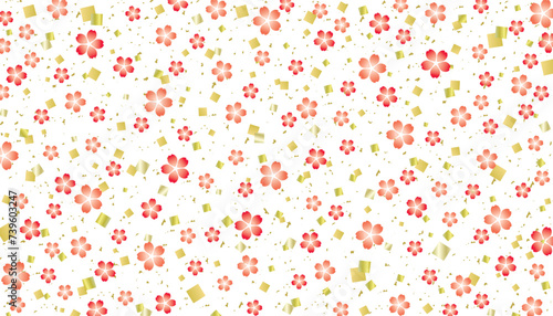 桜の花と金箔紙吹雪の和風背景/赤・金