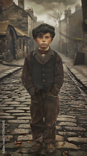boy standing up in middle of cobbled road, in the 1800s