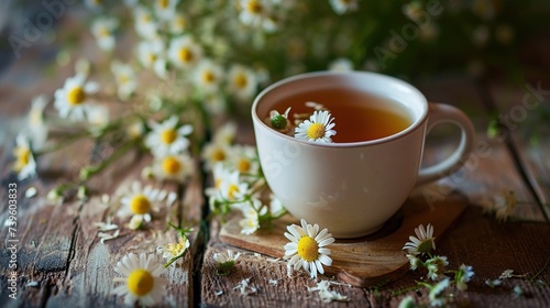 white mug with chamomile tea on a wooden table