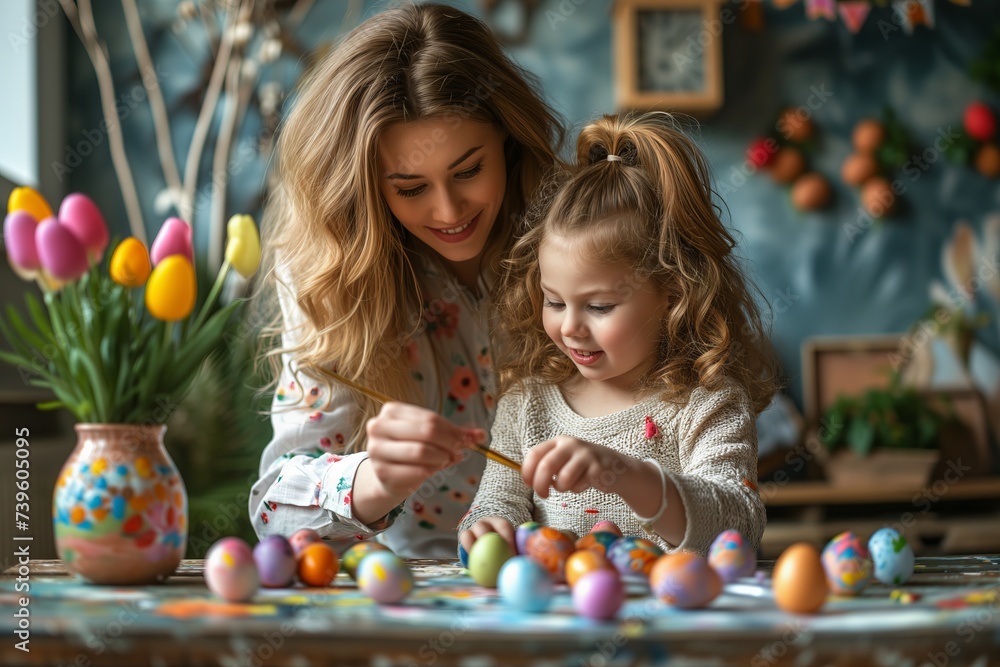 Obraz premium Mother and daughter paint eggs for Easter