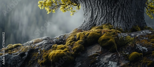 Enchanting old tree covered with luscious green moss in a mystical forest setting photo