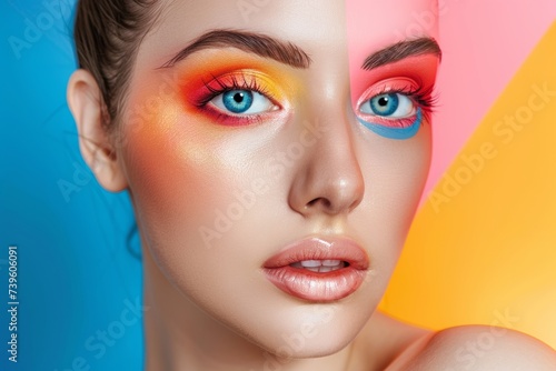 Womans Face With Bright Colored Makeup. Generative AI