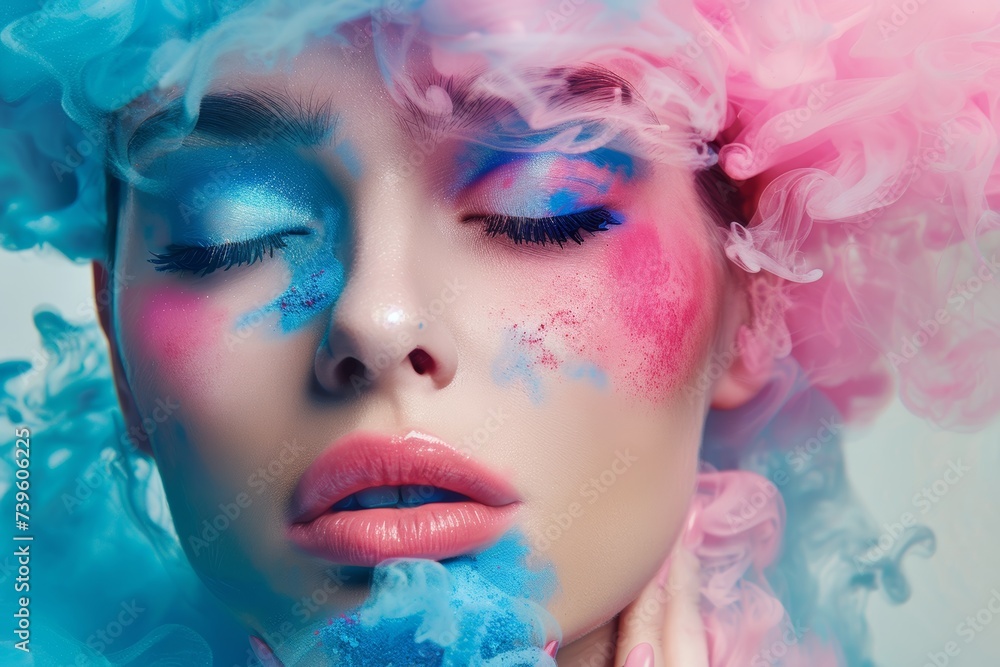 Woman With Blue and Pink Makeup. Generative AI