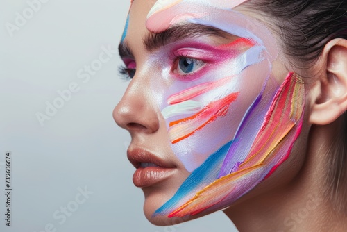 Womans Face Painted With Multicolored Paint. Generative AI