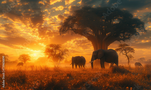 Experience the majesty of the African wilderness with the iconic silhouette of an elephant roaming the vast savannah, its majestic presence a testament to the untamed beauty of nature.  © STORYTELLER