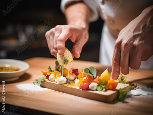 A close-up shot of a chef's hands preparing a gourmet dish with vibrant ingredients