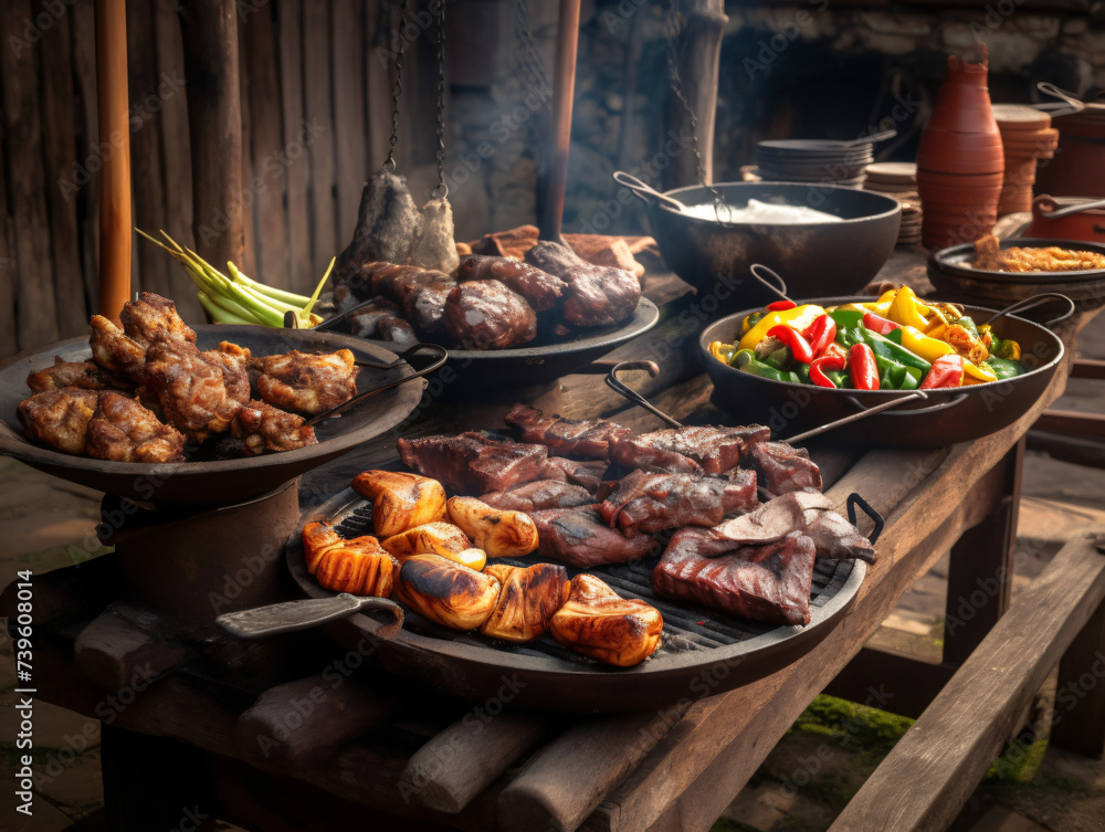A rustic outdoor barbecue with sizzling grill, delicious meats, and colorful side dishes
