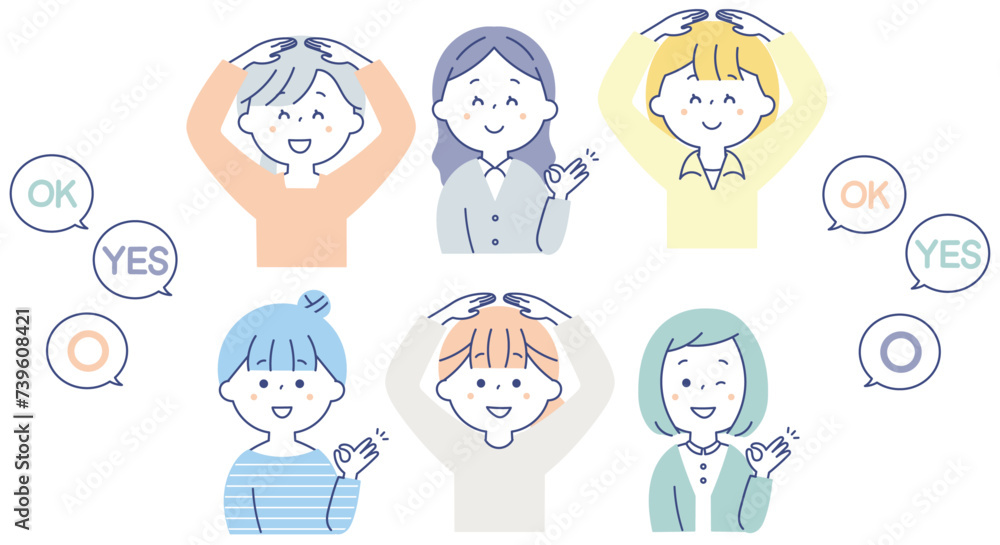 OKのポーズをする若い女性のイラストセット OKのポーズをする若い女性のイラストセット