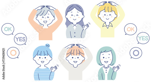 OKのポーズをする若い女性のイラストセット