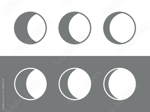 Set of moon or crescent icons. Moon phases, symbol of space and night. Earth satellite with different sun illumination.