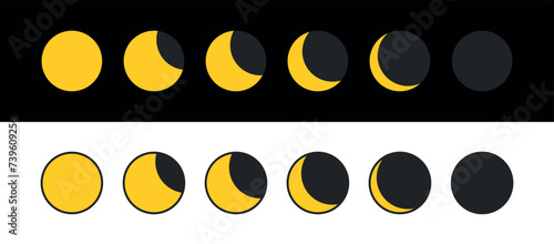 Set of moon or crescent icons. Moon phases, symbol of space and night. Earth satellite with different sun illumination.