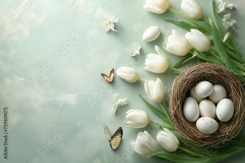 Easter background empty nest with white tulips, eggs and butterflies © Тамара Печеная
