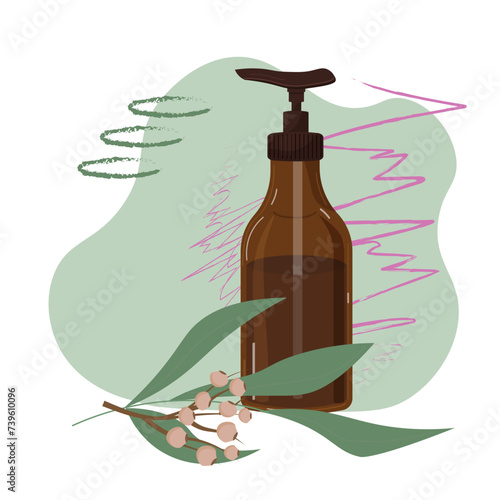 Bottle with dispenser with cosmetic product. Aromatherapy, massage and healthy lifestyle. Shower gel, hand gel, liquid soap with eucalyptus. Vector illustration for use in spas, cosmetology, packaging