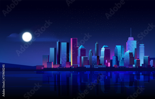 Futuristic night cityscape with illuminated neon light skyscrapers on sea shore illustration. Modern cityscape in moon light.