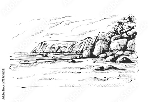 Sketch of the rocky coast. Hand drawn vector illustration photo