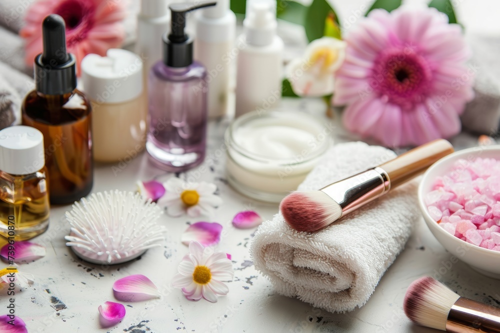 Table Filled With Various Beauty Products. Generative AI Table Filled With Various Beauty Products. Generative AI