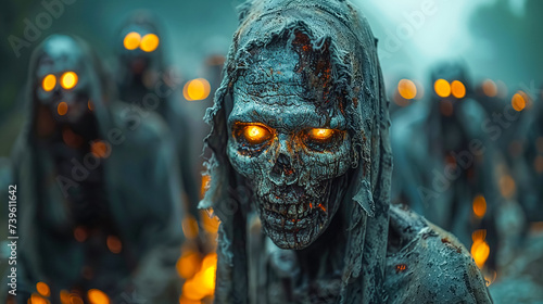 Zombie undead crowd walking at night with glowing eyes, Halloween dead walker concept, blur background illustration