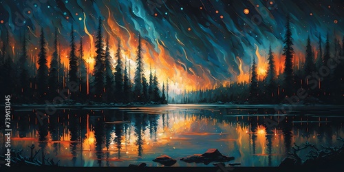 magical scenic fantasy landscape, boreal forest, lake, aurora borealis and stars reflected in water