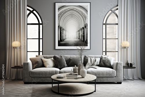 Modern Elegance: Arched Window Stucco Wall Decor Grey Art Poster with Sleek Furniture Styling © Michael