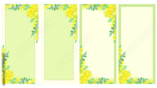 水彩風のミモザのイラストのフレーム、縦型19.5:9