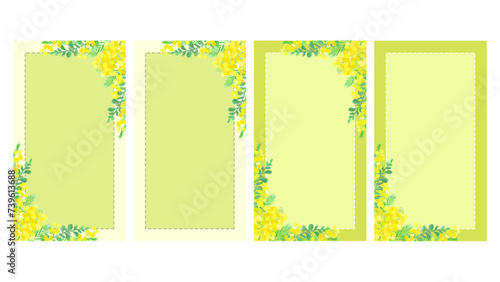 水彩風のミモザのイラストのフレーム、縦型16:9