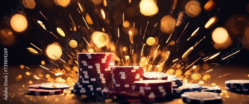 Dynamic scene of casino chips amidst a sparkling, golden explosion, conveying the excitement and energy of winning in a casino. photo