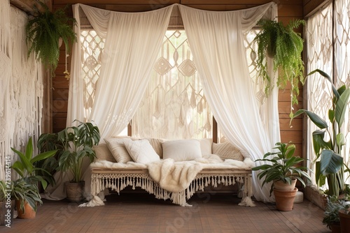 Wooden Floor Bohemian Chic Balcony: Macrame Wall Hangings & White Drapes Delight