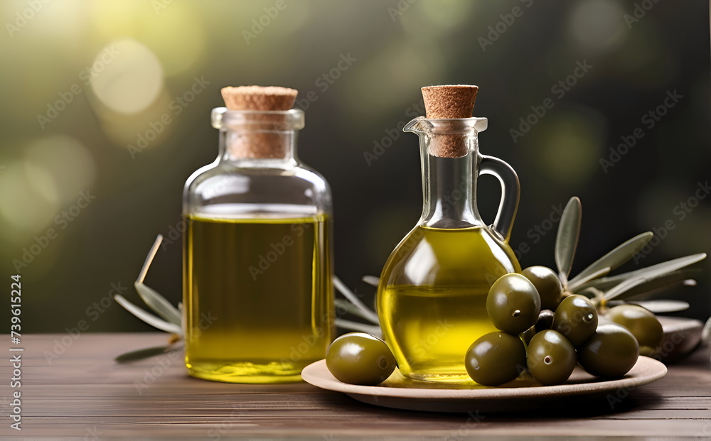 Olive oil in the bottles on table