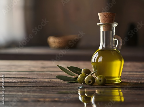 Olive oil in the bottles on table
