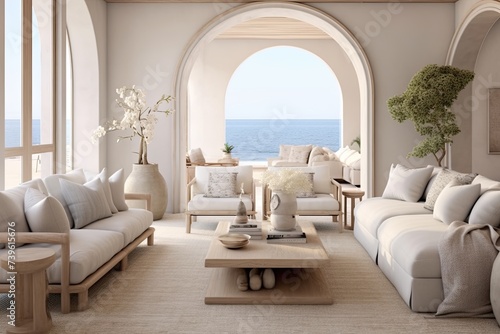 Serene Coastal Mediterranean Living  Elegant Spaces with Arched Windows