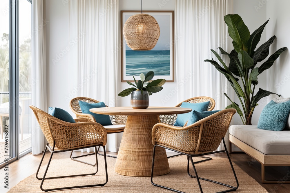 Coastal Rattan Retreat: Retro Living Room with Blue Accents and Beach Vibes Coastal Rattan Retreat: Retro Living Room with Blue Accents and Beach Vibes